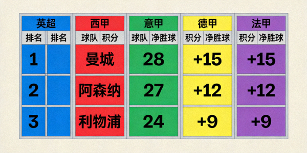 欧洲五大联赛实时积分榜与球队排名数据可视化图表
